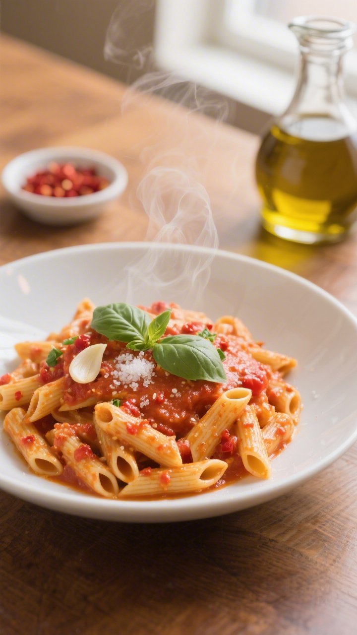 An overhead shot of creamy tomato basil pasta twirled in a shallow white bowl: al dente penne coated in lush crushed-tomato sauce with a glossy olive oil sheen, flecks of red pepper flakes, ribbons of fresh basil scattered on top, thinly sliced sautéed garlic visible, a light sprinkle of sugar granules melting into the sauce for balanced acidity; steam rising, set on a warm-toned wooden table with a small dish of red pepper flakes and a carafe of olive oil in frame, cozy Italian comfort mood, soft natural window light, professional styling