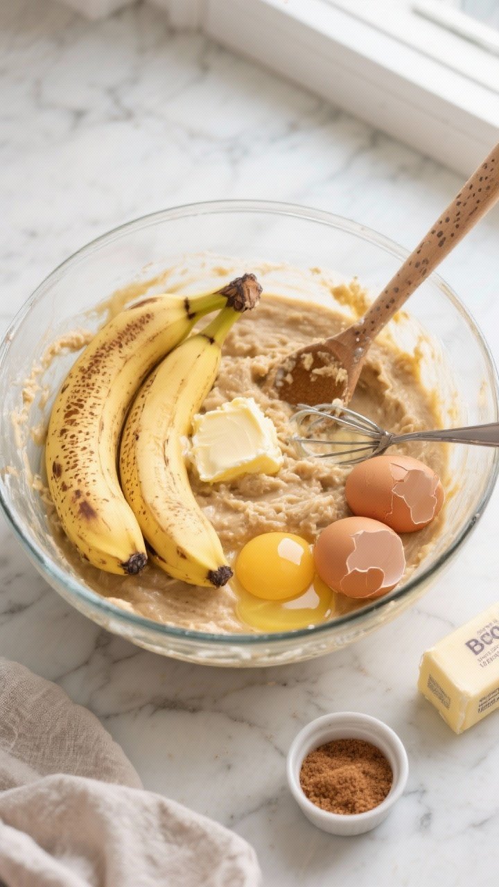 An overhead shot of the One-Bowl Classic banana bread batter in a large glass mixing bowl on a light marble surface: three large very ripe bananas mashed to about 1 1/4 cups, melted and slightly cooled unsalted butter pooling at the edges, 3/4 cup packed light brown sugar sprinkled in, two cracked room-temperature eggs visible with glossy yolks, and a teaspoon of pure vanilla ready to be whisked in. Include a wooden spoon coated with speckled banana mash, a small ramekin of extra brown sugar, and a stick of butter wrapper off to the side. Soft natural window light, clean, homey mood, ingredient-prep focus.