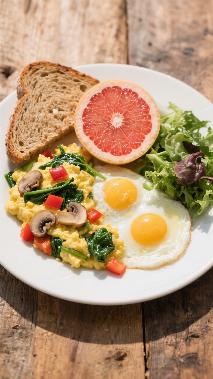 Bright brunch plate, overhead: a veggie-loaded egg scramble made with 2 eggs + 2 egg whites sautéed in 1 tsp olive oil with sliced mushrooms, diced red bell pepper, and wilted spinach, served alongside a slice of whole-grain toast and a neatly segmented half grapefruit. Include a small side salad of romaine or mixed greens lightly dressed. Vibrant, clean styling on a white plate over a rustic wood table, emphasizing color contrast and freshness.