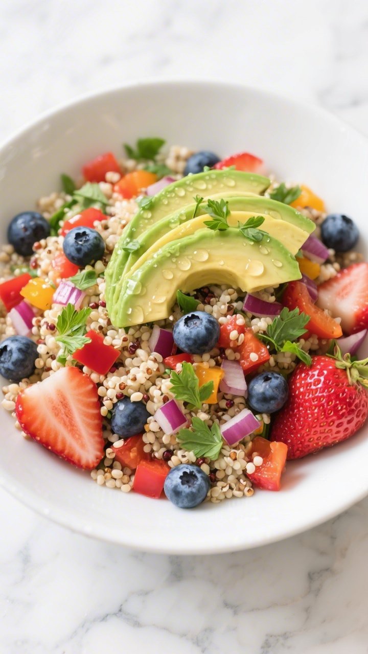 Bright overhead flat lay of a rainbow quinoa, avocado, and berry salad: a wide white bowl filled with fluffy quinoa studded with sliced strawberries, plump blueberries, diced red bell pepper, finely chopped red onion, and a generous shower of chopped cilantro or mint; ripe avocado fan on top, micro water droplets for freshness, subtle citrusy glisten from a light dressing; colorful ingredients arranged for maximum pop against a pale marble background, crisp and vibrant.