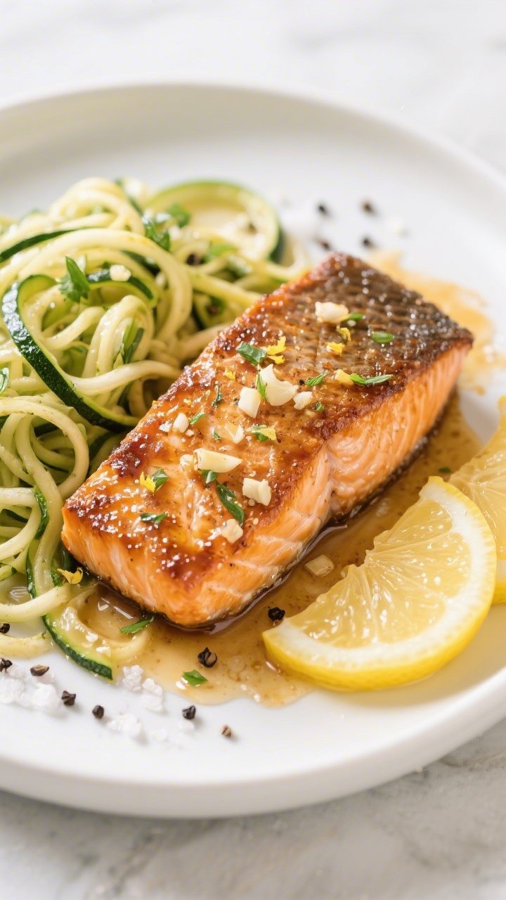 Clean, 45-degree angle close-up of brown butter garlic salmon with lemon-herb zoodle tangle: skin-on salmon fillets with a crisped, deep-gold exterior glazed in nutty brown butter and minced garlic; lemon zest and juice glimmering; a nest of zucchini noodles tossed with olive oil and chopped herbs beside, strands glossy and vibrant; cracked black pepper and kosher salt visible; plated on a white ceramic dish with lemon slices.