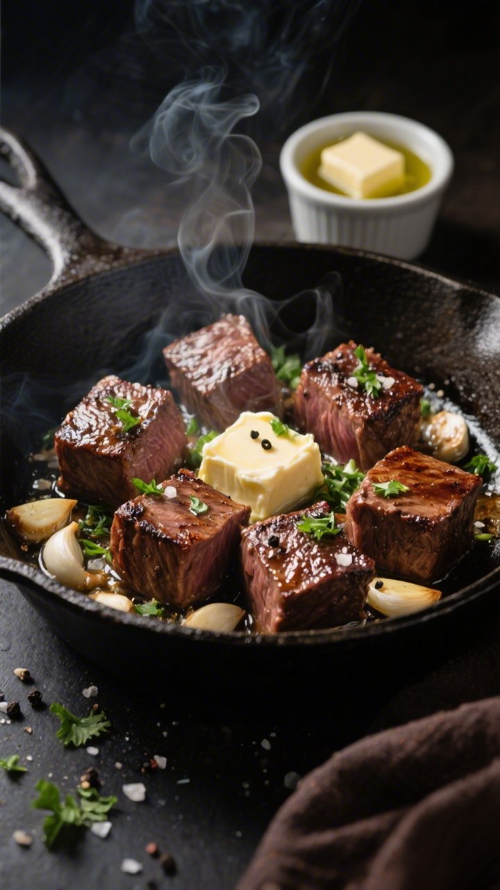 Close-up, 45-degree angle: Searing garlicky butter steak bites in a cast-iron skillet, 1-inch sirloin cubes with deep brown crusts glistening in unsalted butter, visible minced garlic sizzling around the edges, flecks of chopped fresh parsley tossed over, coarse salt and cracked black pepper on top; a small ramekin of avocado oil and a pat of butter in the background; moody, high-contrast lighting with rising steam.