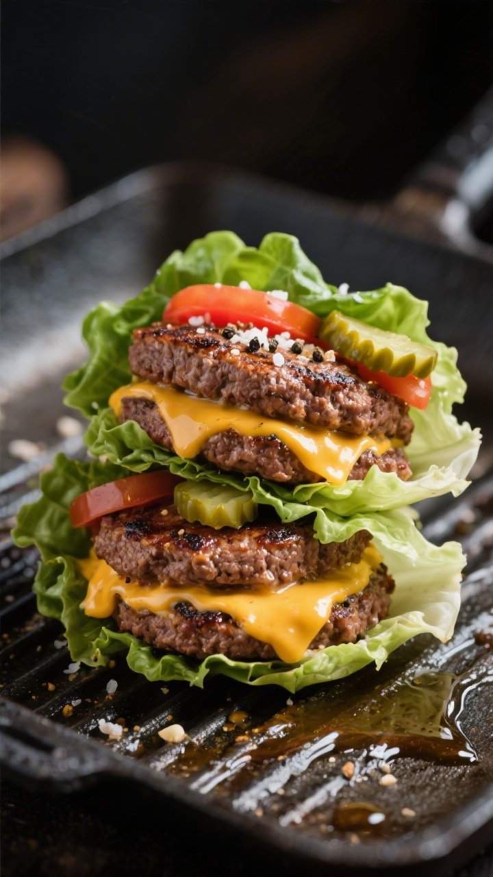 Close-up, 45-degree angle shot of smash-burger lettuce wraps: two thin, deeply seared 80/20 beef patties with lacy crusts, melted sharp cheddar cascading, drippy “secret sauce,” stacked in crisp butter lettuce cups; thin tomato slices and pickle chips peeking out, sprinkled with kosher salt, black pepper, and a hint of garlic powder; slight grease sheen on a cast-iron griddle background brushed with avocado oil; moody, shallow depth of field emphasizing juicy, messy bite.