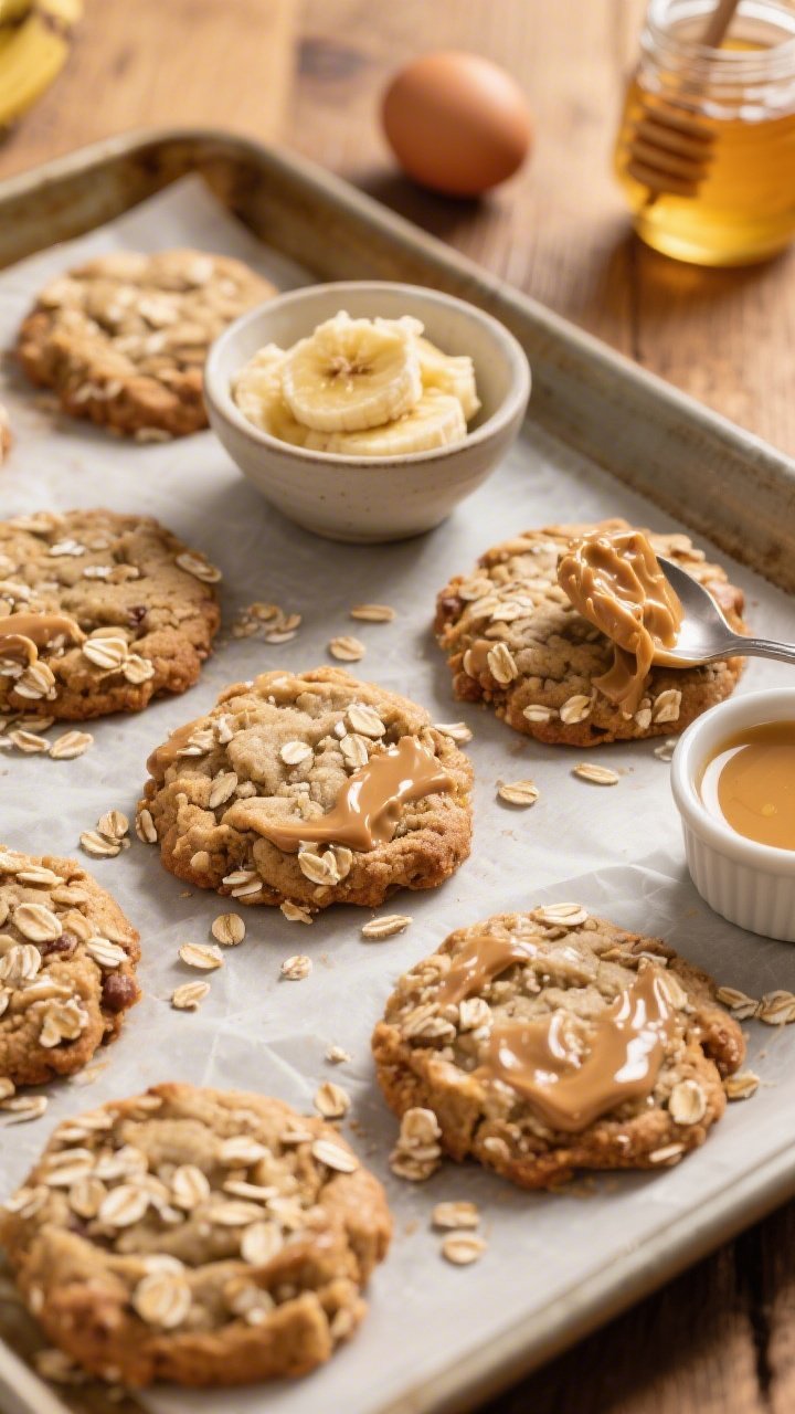 Close-up baking tray shot of Peanut Butter Banana Oat Lactation Cookies: rustic, chunky cookies studded with rolled oats and glossy peanut butter sheen, edges lightly golden; a small bowl of mashed banana, a spoonful of natural peanut butter, and a ramekin of melted coconut oil set to the side; parchment-lined sheet pan on a warm wooden surface; overhead key light highlighting texture; a jar of honey and an egg nearby to hint ingredients; irresistibly chewy look.