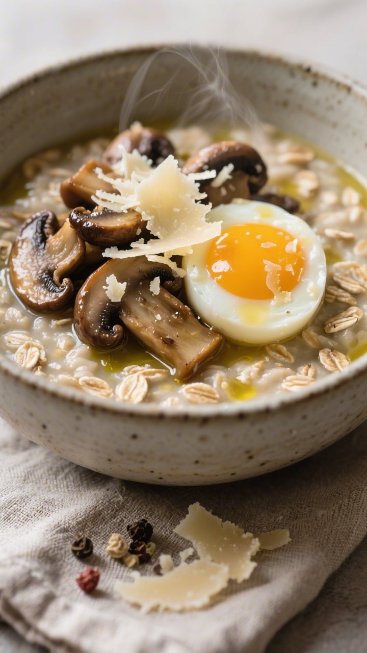Close-up bowl of savory oats: creamy rolled oats simmered in vegetable broth, topped with deeply sautéed cremini/shiitake mushrooms, grated Parmesan melting in glossy strands, and a jammy egg halved to show the soft yolk; flecks of minced garlic visible on the mushrooms, a drizzle of olive oil or butter sheen; set in a stoneware bowl on a linen napkin with cracked pepper and a few Parmesan shavings scattered; cozy, comforting mood with gentle steam.