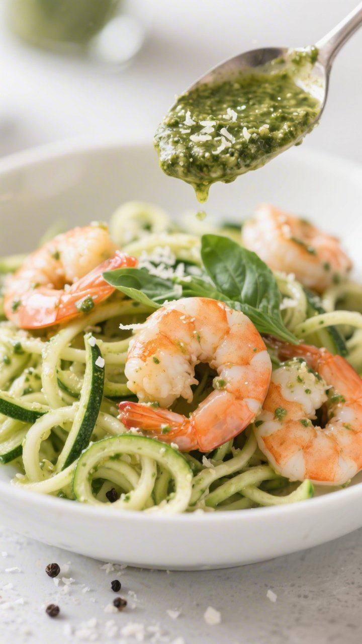 Close-up creamy pesto shrimp “zoodles”: large shrimp curled and just opaque, tossed with spiralized zucchini coated in silky basil pesto and a touch of creaminess; glossy strands, flecks of basil, black pepper, and kosher salt; light bokeh with a spoon drizzling pesto, parmesan micro-grate dusting the scene; photographed straight-on in a shallow white bowl for an indulgent yet light, weeknight feel