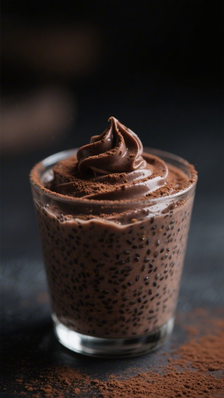 Close-up dessert beauty shot: midnight mocha chia mousse in a small glass, ultra-smooth and thick with chia speckles, made from unsweetened almond milk and heavy cream or full-fat coconut milk; dusted with unsweetened cocoa powder and a hint of instant espresso powder; delicate swirl on top with tiny chocolatey sheen, minimal garnish; low-key, moody lighting with soft highlights to evoke indulgent, planned-for keto sweetness.