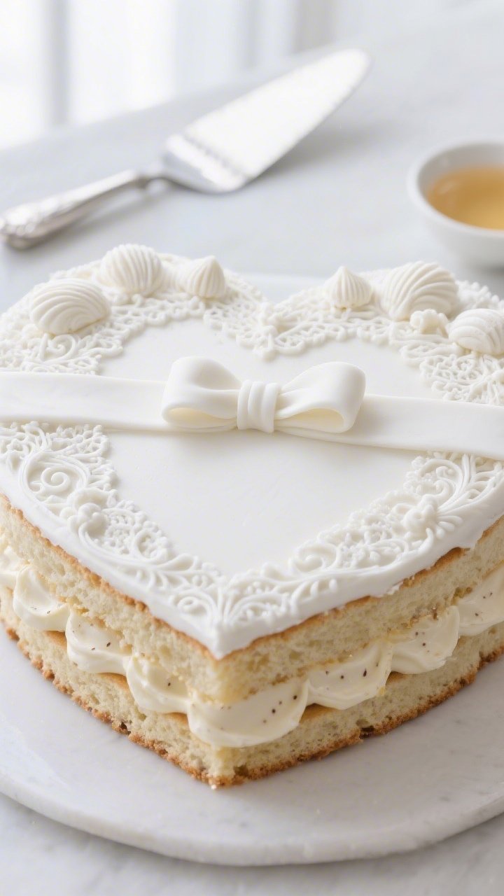 Close-up detail shot: A white-on-white Lace-and-Bow engagement heart cake, almond sponge layers lightly soaked with clear simple syrup, filled with vanilla bean pastry cream showing subtle specks; pristine smooth white buttercream canvas adorned with intricate Lambeth overpiping—delicate lace scrolls, stacked shells, and a refined fondant bow centerpiece; ultra-clean minimal backdrop, soft window light, shallow depth of field highlighting the piped lace textures; a silver offset spatula and a small dish of simple syrup in the background.