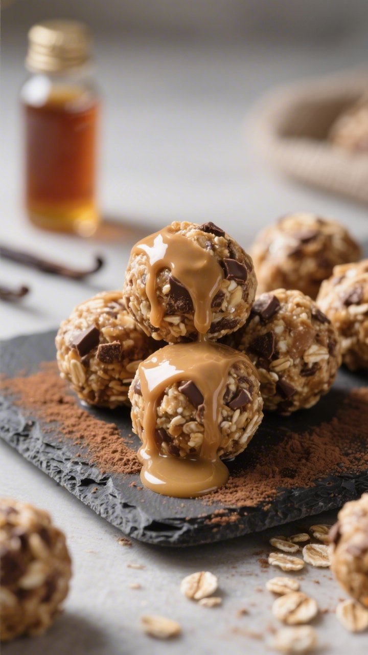 Close-up macro: Peanut butter chocolate protein oat bites, no-bake spheres stacked on a small slate board, showing the chewy oats, glossy natural peanut butter sheen, and fine specks of chocolate protein powder throughout. A drizzle trail of honey or maple syrup and a vanilla extract bottle blurred in the background. Soft side light to enhance shine and texture, shallow depth of field for irresistible, snackable appeal.