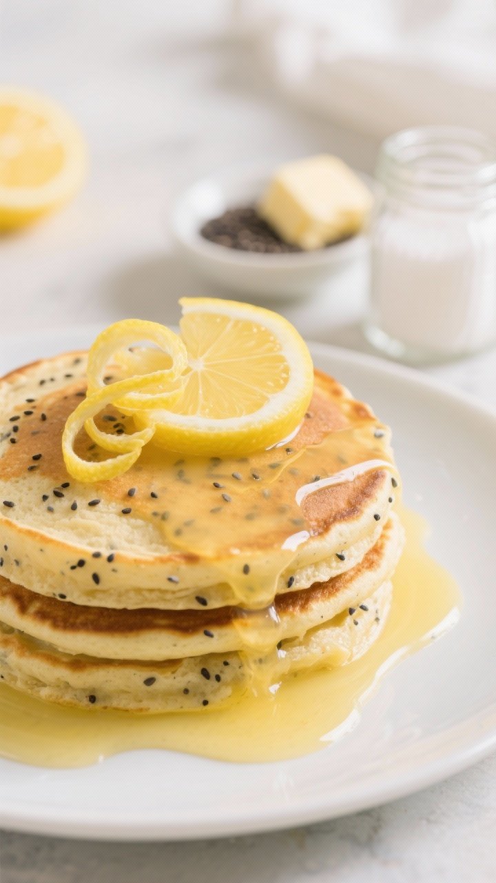 Close-up macro shot of lemon poppy seed pancakes with sunny citrus glaze: speckled poppy seeds visible throughout the tender crumb, a glossy lemon glaze cascading over the top pancake and pooling on the plate; garnish with fine lemon zest curls and a halved lemon; include visual cues of ingredients—poppy seeds in a tiny dish, a pat of unsalted butter, and a small jar of sugar—blurred in the background; bright, airy light to highlight the vibrant yellow tones and moist texture.