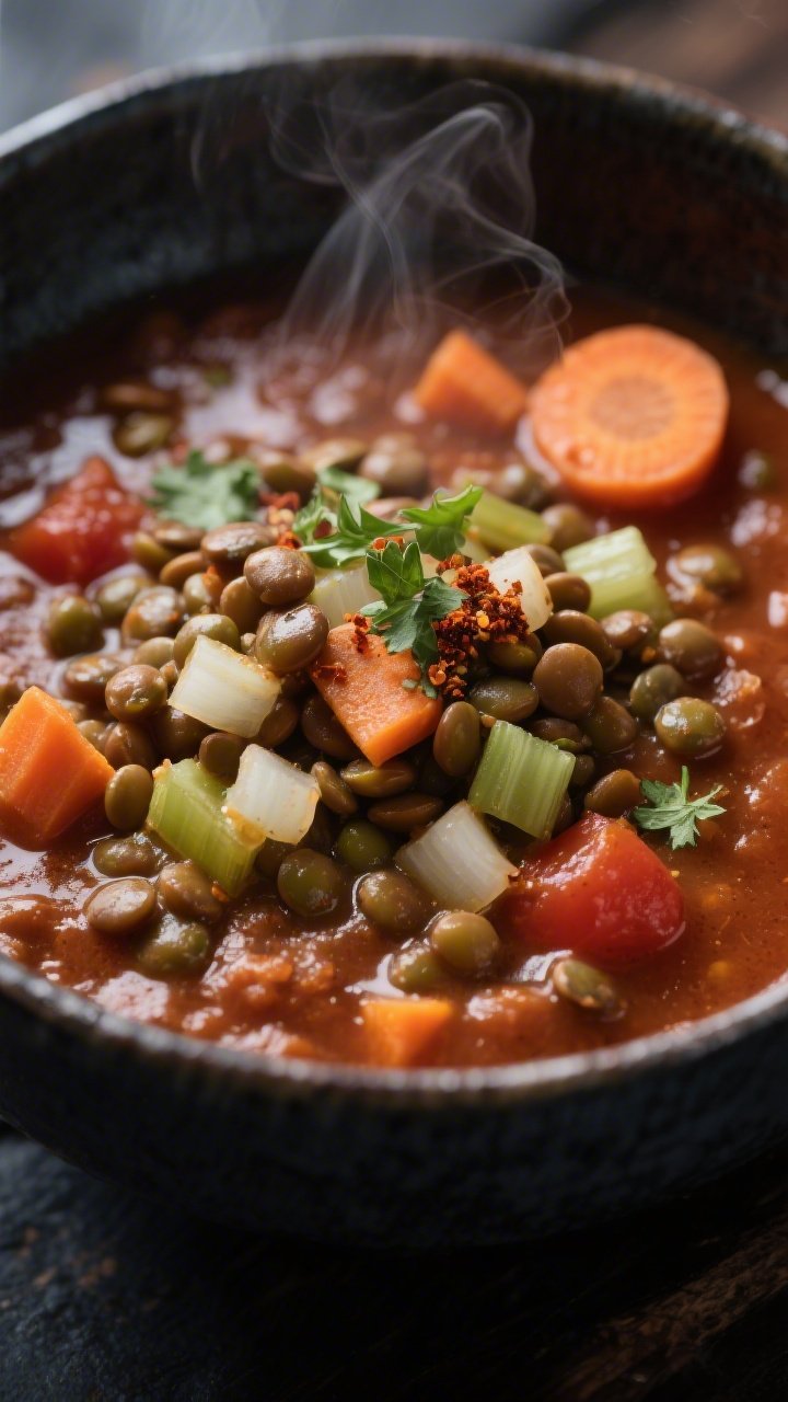 Close-up, moody bowl of smoky lentil and tomato stew: hearty brown/green lentils simmered with diced onion, carrots, celery, minced garlic, smoked paprika, and ground coriander in a tomato-rich base; thick, glossy stew ladled into a dark ceramic bowl, with a few carrot coins and lentils catching the light; faint steam curls, rustic texture emphasized, a drizzle of olive oil on the surface and a sprinkle of coriander; shallow depth of field, warm, cozy ambiance.