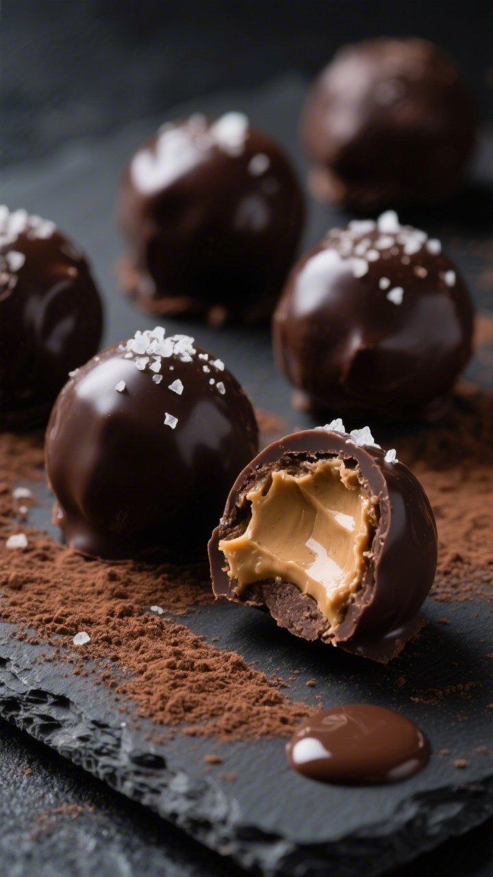 Close-up moody shot of dark chocolate peanut butter fat bombs: glossy, bite-sized rounds made with natural peanut butter (or almond butter), coconut oil, unsalted butter, and rich cocoa powder. A few cut open to reveal a velvety, fudgy interior; faint sea salt crystals on top for sparkle. Styled on dark slate with cocoa dusting and a small pool of melted chocolate, soft side light for sheen and indulgent texture.