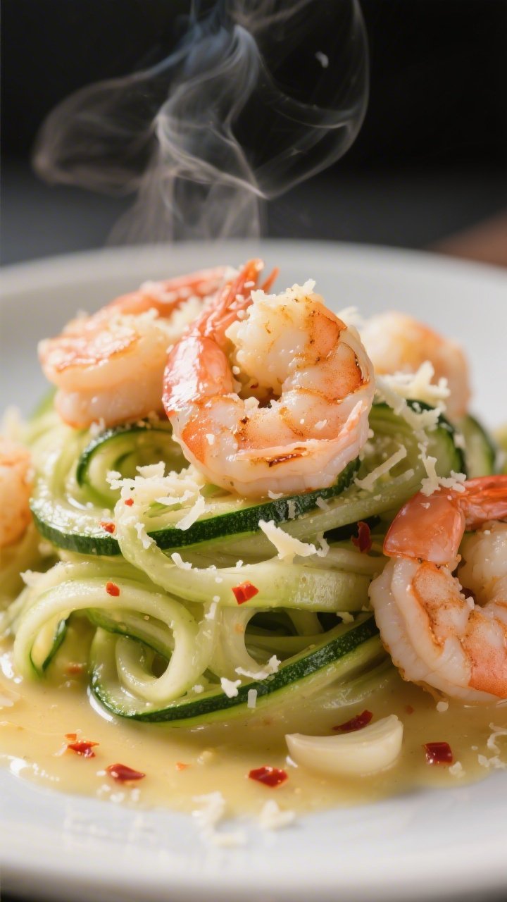 Close-up of garlic-parmesan shrimp “scampi” over glossy zucchini zoodles; buttery sauce pooling lightly, minced garlic and red pepper flakes visible, shrimp pink and plump with a light char, shower of grated Parmesan melting into the curls of zoodles; shallow depth of field, steam subtly rising, shot straight-on to capture texture and sheen.