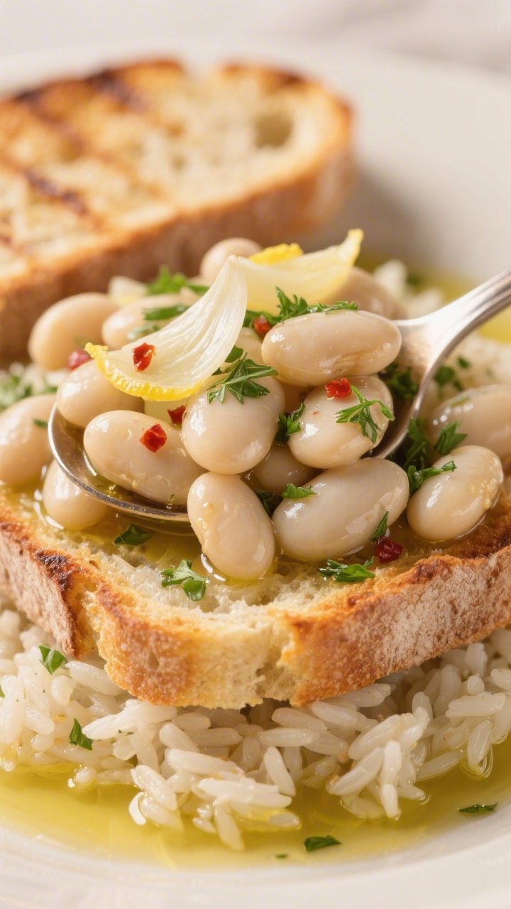 Close-up plated toast-and-beans for Herby White Beans In Garlic Oil On Toasted Rice (or Bread): cannellini beans gently simmered in shimmering olive oil with thinly sliced garlic and a pinch of red pepper flakes, tossed with chopped soft herbs (parsley, dill). Spoonfuls piled atop a mound of toasty, slightly crispy rice with golden edges (or thick-cut grilled bread alternative visible in background), finished with a generous drizzle of olive oil and lemon zest. Tight focus on glossy beans and translucent garlic, warm neutral backdrop, ultra-inviting comfort-food mood.