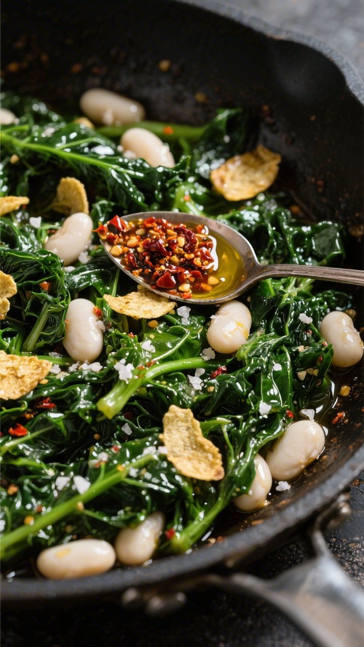Close-up skillet scene of garlicky greens and white beans with chili crunch: Tuscan kale ribbons glistening in extra-virgin olive oil with thinly sliced golden garlic chips, tender cannellini beans tucked among the greens, finished with a vivid spoonful of chili crunch oil on top. Shot in-pan at a 45-degree angle to highlight glossy textures, with a drizzle of olive oil and flaky salt crystals visible.