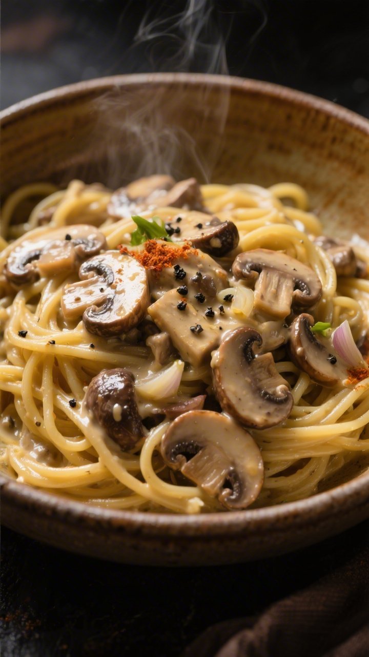 Close-up, straight-on capture of Mushroom Stroganoff Linguine: silky linguine tangled with a glossy mushroom medley (cremini, shiitake, oyster) sautéed in olive oil and butter, ribbons of shallot, minced garlic, and a warm hue from smoked paprika; creamy stroganoff sauce clinging to noodles, a finishing dusting of black pepper; served in a deep ceramic bowl with earthy tones, moody side lighting to accentuate umami-rich sheen and steamy warmth.