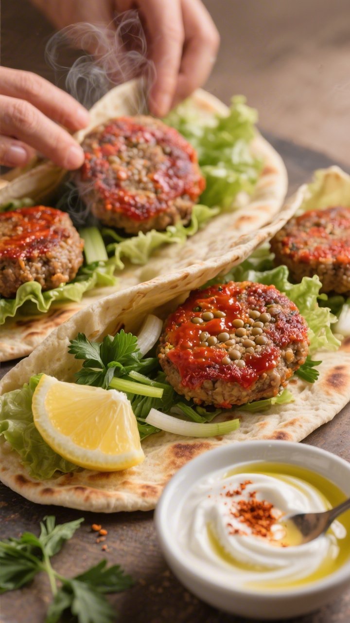 Close-up, straight-on focus on Turkish-style lentil köfte wraps being assembled: oval, dimpled red lentil and fine bulgur patties tinted by tomato and pepper paste, arranged on warm flatbreads with crisp lettuce, sliced scallions, parsley, and lemon wedges; a small dish of smoky yogurt (yogurt swirled with olive oil, paprika, and a hint of cumin) ready to spoon over; soft, matte backdrop with earthy tones, visible olive oil sheen on the patties, steam subtly rising.