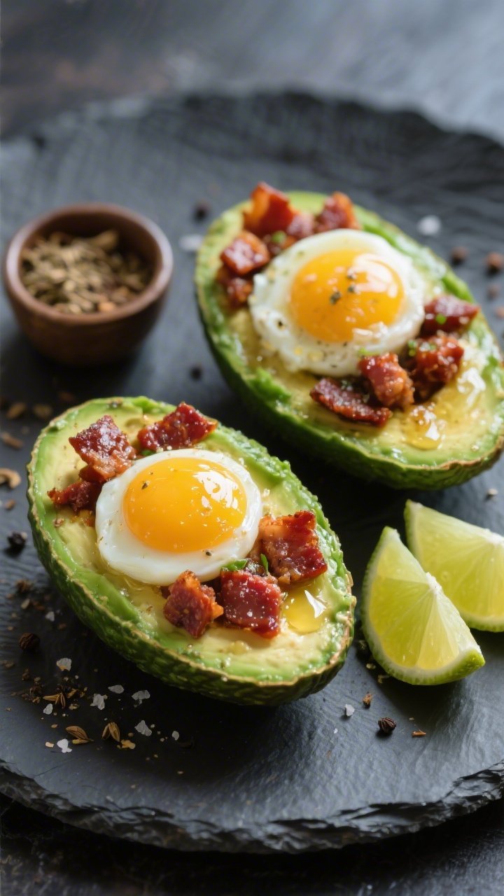 Close-up, straight-on shot of avocado boats with crispy chorizo and jammy eggs: halved ripe avocados cradling browned, craggy chorizo bits, topped with just-set jammy egg halves showing glossy yolks; a sheen of olive oil and a squeeze of lime glistening; dusting of cumin, sea salt, and black pepper visible; served on a dark stone plate with lime wedges and a tiny ramekin of cumin; vibrant greens and deep red chorizo contrast; tight focus on textures.