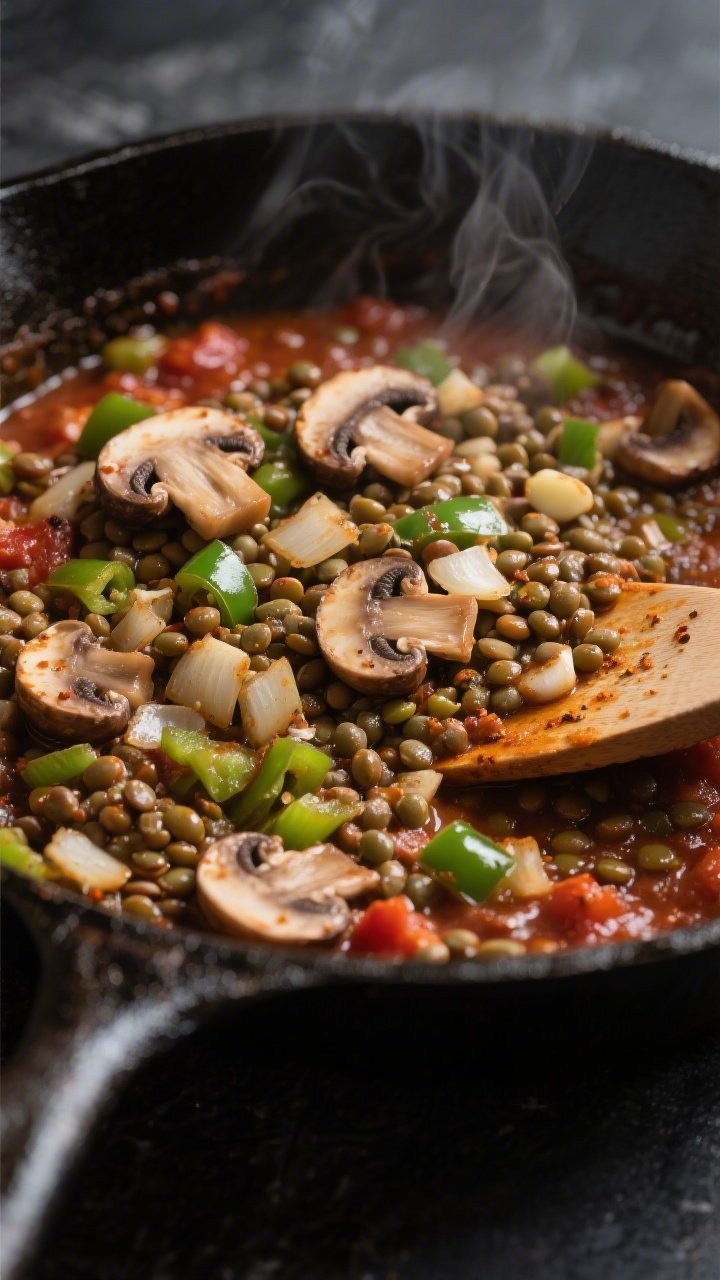Close-up, straight-on shot of High-Protein Lentil Chili mid-cook in a heavy skillet: finely chopped cremini mushrooms and diced onion and green bell pepper sautéing until browned, minced garlic visible; brown/green lentils just added, coated in a ruddy spice bloom with cumin and tomato paste sheen; focus on meaty mushroom texture and hearty lentils, spatula edge peeking in frame, shallow depth of field, controlled steam, dark slate backdrop for steakhouse comfort vibe.