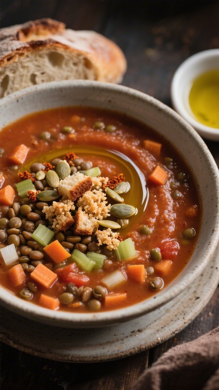 Cozy overhead soup scene: a deep bowl of lentil-tomato soup, thick with brown-green lentils, diced carrots, celery, onions, and hints of cumin and smoked paprika; swirl of extra-virgin olive oil on top, crunchy toppers like toasted bread crumbs and pumpkin seeds sprinkled over; torn rustic bread and a small dish of olive oil on the side; warm, low-contrast lighting for a homestyle feel.