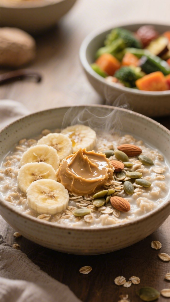 Cozy plant-powered bowl, 45-degree angle: creamy rolled oats cooked in unsweetened almond milk and scented with vanilla, topped with sliced small banana, a glossy dollop of almond butter, pumpkin seeds, and a delicate drizzle of honey or maple syrup (optional). Add a side bowl of steamed or roasted mixed vegetables (1 cup) for a balanced, indulgent-yet-wholesome feel. Warm ceramics, soft morning light, visible steam, emphasizing creamy textures and seed crunch.