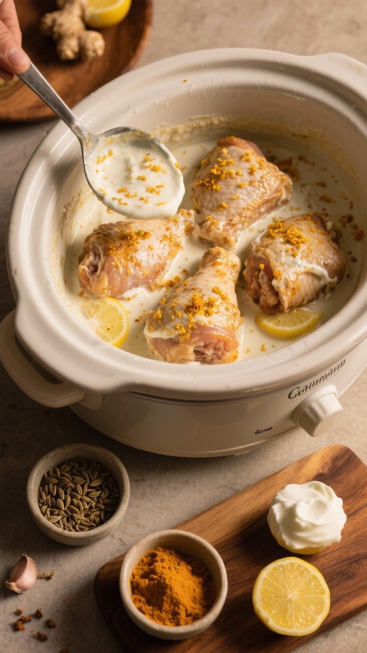 Cozy, straight-on slow-cooker process shot: whole boneless skinless chicken thighs nestled in a slow cooker, coated in a thick yogurt-based marinade (plain yogurt, lemon juice, grated ginger, minced garlic), with visible garam masala, ground cumin, and turmeric sprinkled over. A ladle resting nearby with the developing creamy sauce; warm, amber lighting for a comforting mood. Include small spice bowls labeled by sight: cumin seeds/powder, garam masala, turmeric, plus a cut lemon and a dollop of yogurt on a wooden board. Focus on hearty, saucy texture and set-it-and-forget-it vibe.