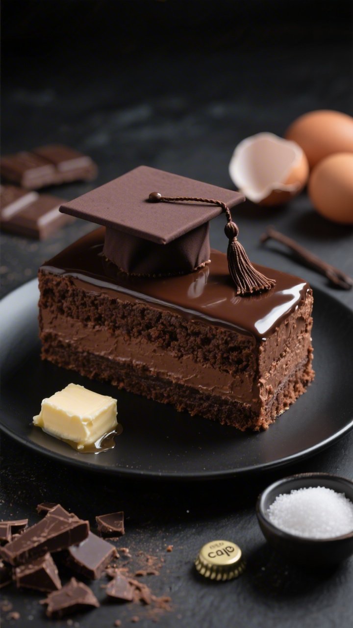 Dramatic 45-degree close-up of a triple-chocolate grad cap torte: a dense, glossy chocolate torte cut into a neat square “cap,” topped with a satin-dark chocolate glaze and a minimalist chocolate tassel detail. The slice reveals fudgy interior. Surrounding ingredient cues in soft focus: chopped bittersweet chocolate chunks, a pat of unsalted butter beginning to melt, a small bowl of granulated sugar, a tiny dish of fine salt, and a bottle-cap of vanilla extract; eggshells to hint at room-temp eggs. Low-key lighting, rich cocoa tones, matte black plate for contrast.