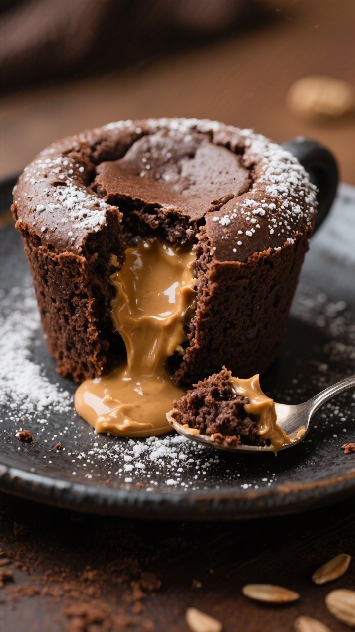 Dramatic close-up of chocolate peanut butter lava mug cake just split open: molten peanut butter core oozing into the dark, tender almond flour cocoa crumb; a light dusting of powdered erythritol on top; tiny bubbles and moist texture highlighted; a small spoon with a bite showing gooey center; baking powder lift visible; styled on a dark ceramic plate with a warm, cozy dessert vibe.