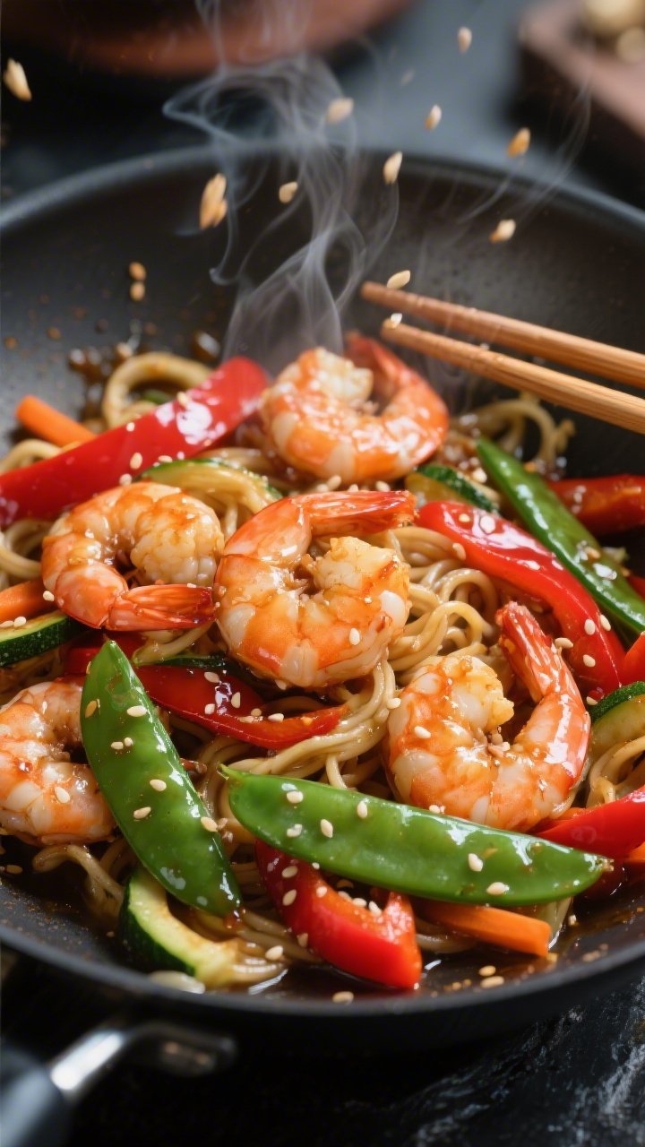Dynamic wok action close-up: ginger-garlic shrimp stir-fry with large shrimp lightly glossed from soy/tamari and cornstarch, tossed with bright red bell pepper strips and crisp snap peas over twirled veggie noodles (zucchini and carrot), sesame seeds scattered; high-heat sheen, visible steam, chopsticks resting on the rim; vibrant, punchy colors with directional light that catches the glossy sauce.