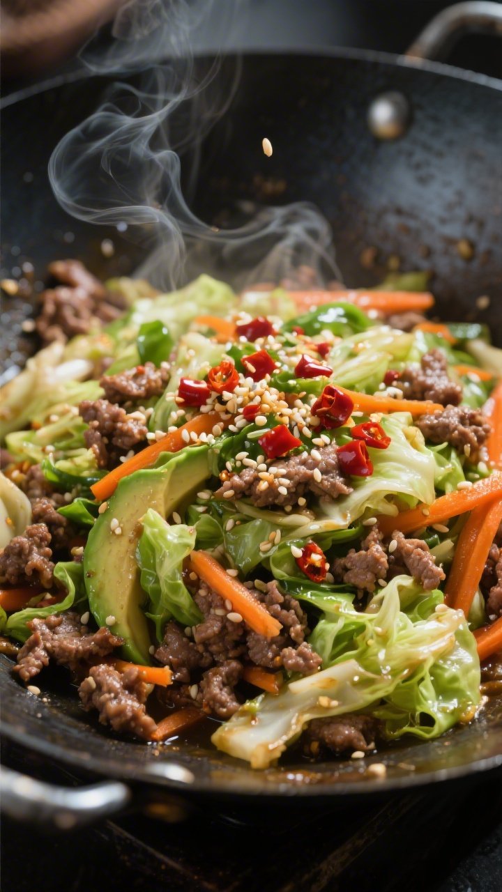 Dynamic wok-close cooking shot: 20-minute beef and cabbage stir-fry with lean ground beef sizzling in avocado/olive oil, tossed with shredded green cabbage and optional shredded carrots for color; sesame-chili crunch scattered on top, glossy umami sheen; wisps of steam, sesame seeds and chili flakes visible; captured overhead-mid angle to show movement, vibrant greens and oranges against dark wok patina