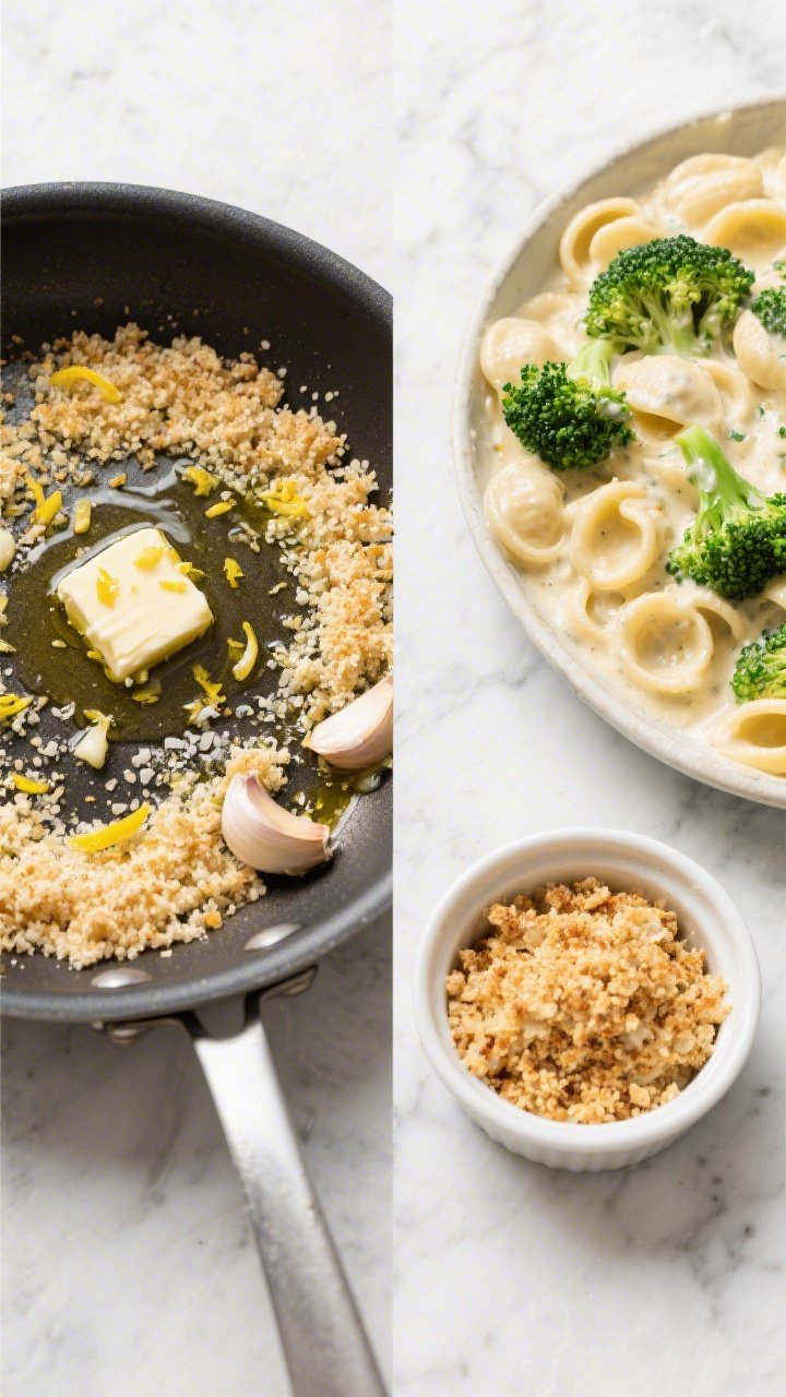 Ingredient and process split-scene overhead for One-Pot Broccoli Alfredo Orecchiette with Toasty Lemon Crumbs: left side shows a skillet with butter and olive oil toasting panko breadcrumbs with lemon zest, a sprinkle of kosher salt, and minced garlic until golden; right side shows al dente orecchiette in a creamy Alfredo sauce with bright green broccoli florets just tender; a small ramekin of extra crumbs ready to sprinkle; clean marble surface, bright daylight for crunchy texture emphasis.