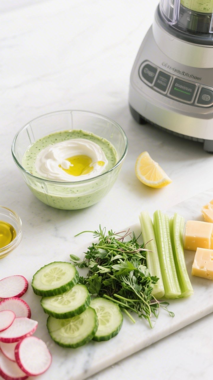 Ingredient flat lay for a 5-minute blender Green Goddess keto dressing with snack board: open blender jar showing a creamy base of avocado oil mayo and sour cream (or full-fat Greek yogurt), olive oil drizzle, lemon juice, white wine vinegar, and a lush pile of mixed herbs (parsley, chives, tarragon). Surrounding the blender, a minimalist snack board with cucumber rounds, celery sticks, radishes, and cheese cubes. Bright, clean overhead lighting, glass bowl of finished pale-green dressing for color payoff.