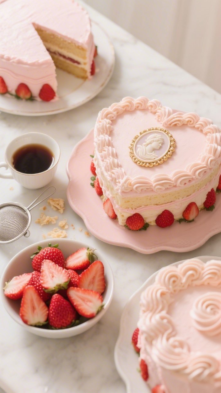 Ingredient-prep to final composition, overhead flat lay: Elements for a Strawberry Milk Tea heart cake transitioning to the finished slice—two 8-inch strawberry cake layers brushed with strong milk tea (black tea steeped in hot milk, lightly sweetened), a bowl of sliced strawberries patted dry, and swirls of pale tea-tinted buttercream; final heart cake decorated with ribbon-like buttercream garlands and a cameo medallion centerpiece; soft pinks, creamy beige tea tones, and strawberry reds; styled on blush ceramic with a small cup of milky tea, tea strainer, and crumbs; gentle daylight for a romantic, vintage mood.