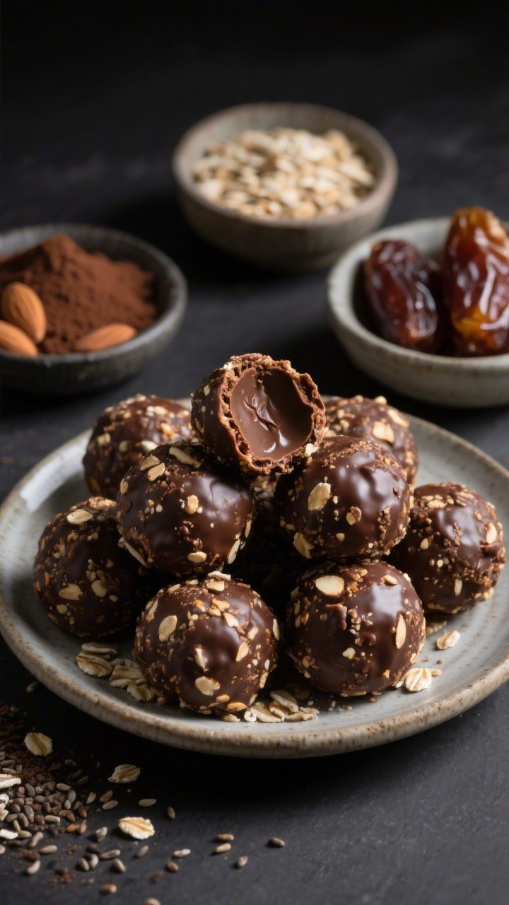 Minimalist ingredients-to-final close-up of No-Bake Cacao-Date Energy Bites: a ceramic plate piled with glossy round bites rolled in fine cacao and crushed almonds; visible flecks of ground flaxseed, chia seeds, and oats in the texture; behind them, small bowls of raw almonds, rolled oats, unsweetened cacao powder, and soft Medjool dates; dark matte backdrop for contrast, moody side light emphasizing fudgy interior on one split-open bite