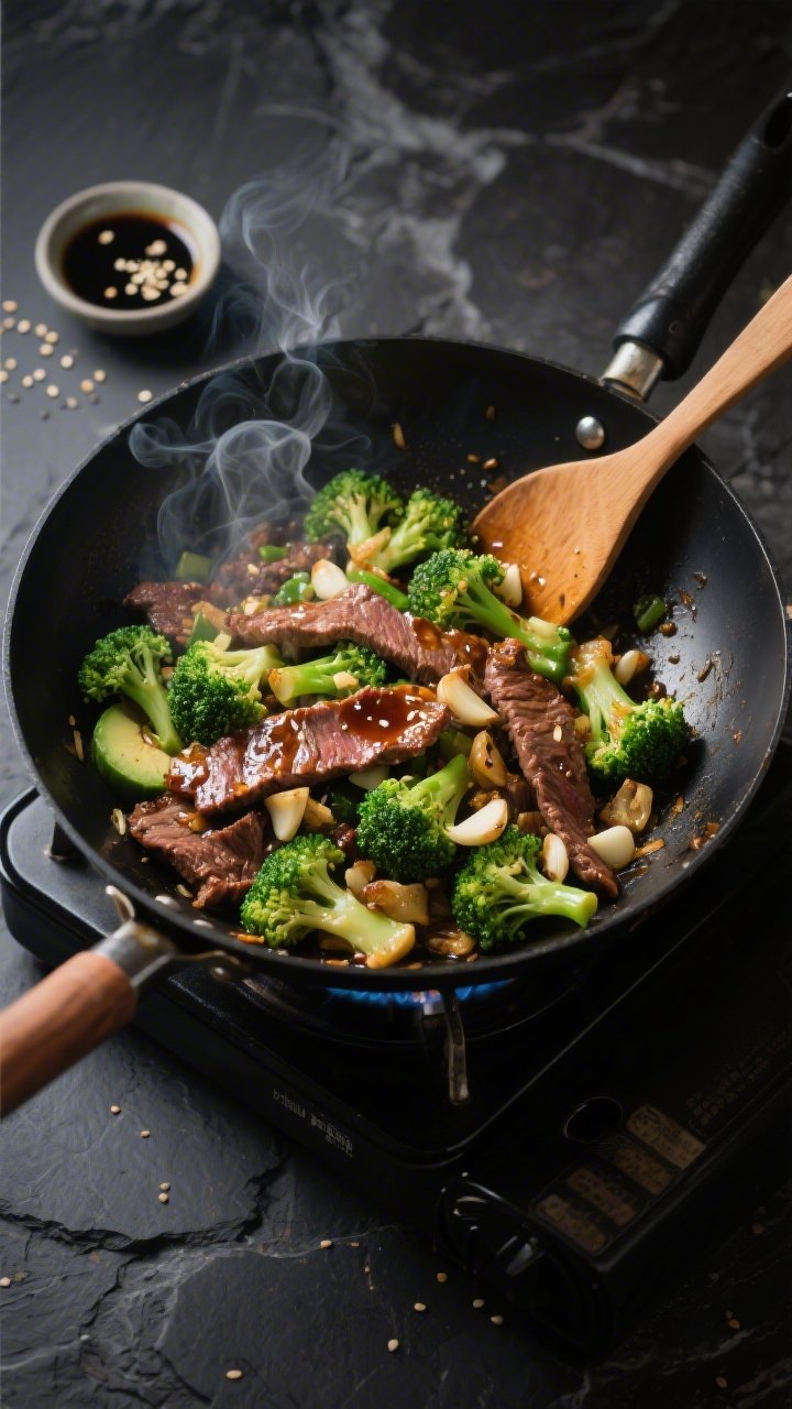 Overhead action shot of a sizzling garlic-ginger beef and broccoli stir-fry in a black carbon-steel wok: thinly sliced flank steak searing with visible browning, bright green broccoli florets, minced garlic and fresh ginger glistening, a glossy soy sauce sheen, wisps of steam, and a light avocado oil shimmer; set on a gas burner with a wooden spatula at the rim; moody takeout-inspired vibe on a dark stone surface with a small bowl of soy sauce and scattered sesame seeds, no people.