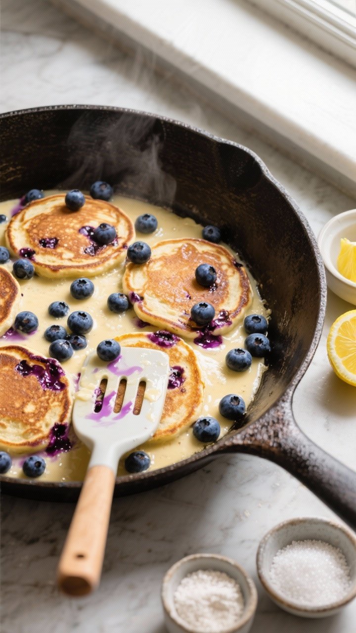 Overhead action shot of blueberry-lemon burst pancakes in the skillet: batter dotted with fresh blueberries sizzling on a seasoned griddle, some berries just burst, streaking purple juices; a zested lemon and a small bowl of granulated sugar nearby; a spatula mid-frame ready to flip; include flour and baking powder in small prep bowls; natural window light, emphasizing juicy pops of blue and golden-brown surfaces.