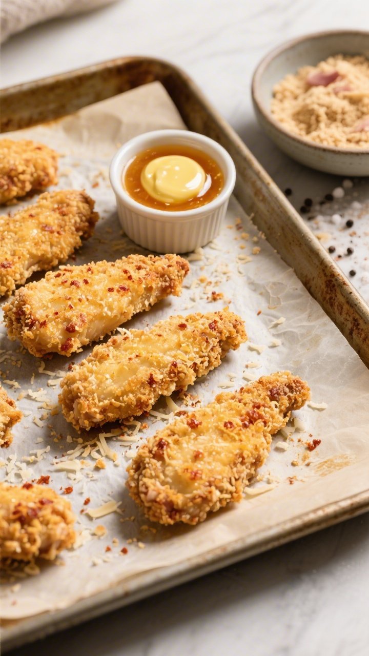 Overhead action shot of crispy keto “breaded” chicken tenders just out of the oven: golden pork-rind-and-Parmesan crust with smoked paprika flecks, arranged on a parchment-lined sheet pan; a small ramekin of hot honey butter melting over a few tenders, glistening; egg-Dijon dredge bowl and leftover fine pork rind crumbs visible on the side; salt and pepper sprinkled; bright, crunchy texture emphasized with side lighting.