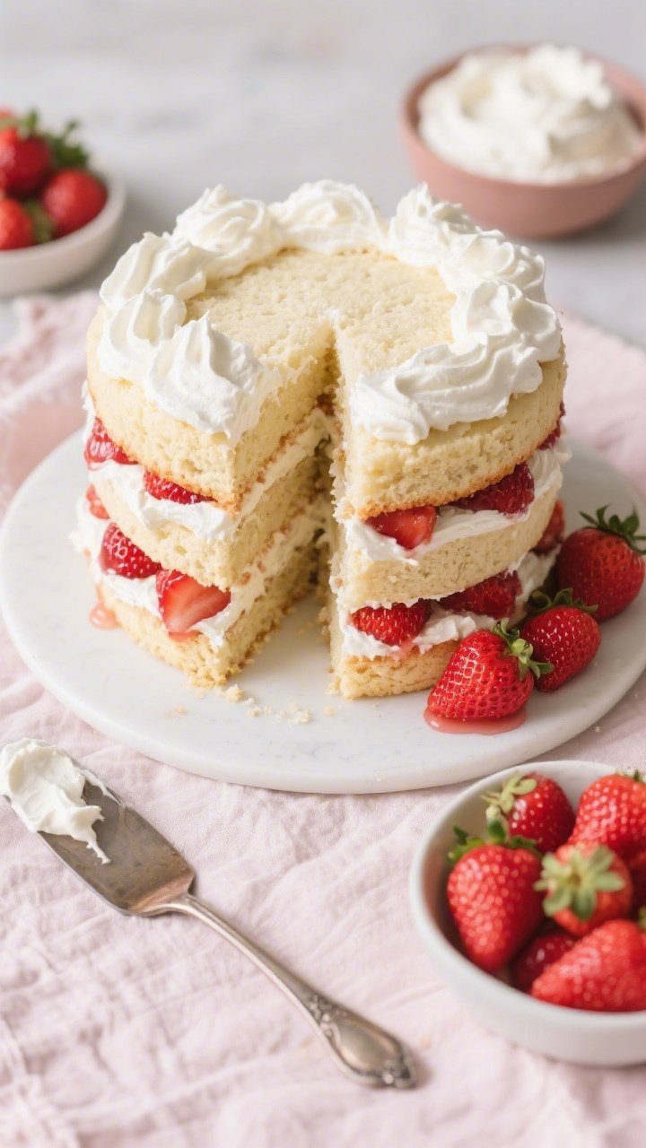 Overhead assembly shot of a strawberry shortcake layer cake mid-build: split vanilla shortcake layers with visible crumb, generous swoops of whipped mascarpone between layers, macerated strawberries glistening with juices pooling slightly; extra berries and mascarpone in nearby bowls, offset spatula resting with a smear. Pastel linens, light and airy styling, vibrant red strawberries contrasted against creamy white filling; focus on luscious texture and height.