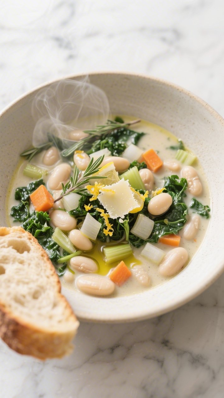 Overhead bowl of Creamy White Bean and Kale Soup: cannelini beans and tender kale in a thyme- and bay-scented vegetable broth with diced onion, carrot, and celery. Finished with a swirl of olive oil, lemon zest, and grated Parmesan, crusty bread on the side. Light, cozy styling with steam visible, pale ceramic bowl on a marble surface for a bright, comforting look.