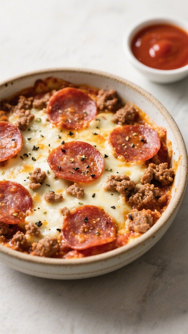 Overhead bowl presentation: Pepperoni pizza bowl with melty mozzarella, browned crumbles of ground beef simmered in no-sugar-added marinara, a generous blanket of melted, slightly blistered mozzarella, pepperoni slices cupping at the edges; a dusting of Italian seasoning, cracked black pepper; served in a shallow ceramic bowl with a small side dish of extra marinara.