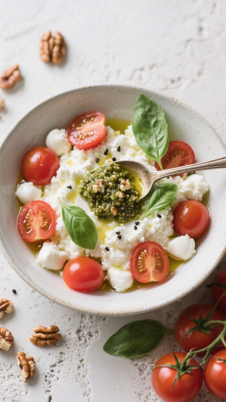 Overhead bowl shot: Cottage cheese Caprese bowl—pillowy 2–4% cottage cheese topped with halved cherry tomatoes and small mozzarella pearls, finished with a glossy extra-virgin olive oil drizzle, a pinch of kosher salt and black pepper. Add a rustic spoonful of vibrant basil-walnut pesto dolloped on top and a few torn basil leaves. Set on a light stone surface with scattered walnut pieces and tomato stems for context.