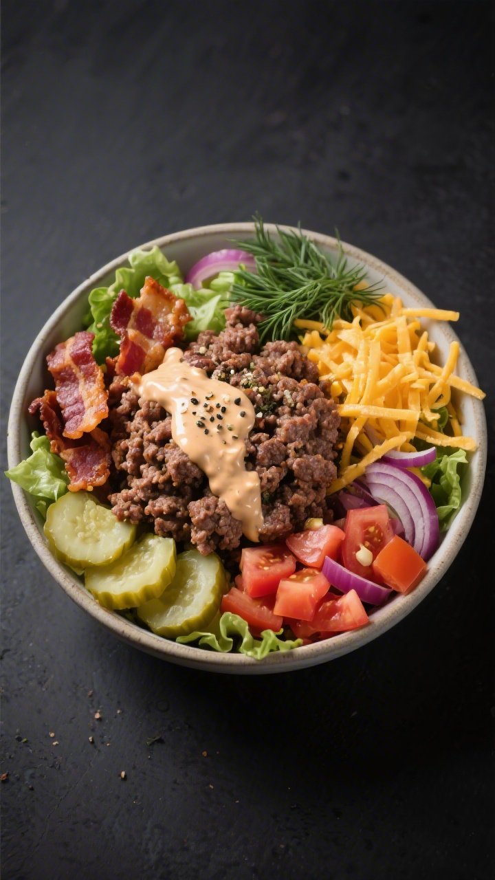 Overhead burger bowl assembly: crumbled, seared ground beef seasoned with kosher salt, black pepper, onion powder, and garlic powder, nestled in a bowl with chopped crisp lettuce, sliced dill pickles, diced tomatoes, red onion, and shredded cheddar; hot bacon pieces scattered throughout; a drizzle of creamy special sauce across the top; matte dark background for contrast