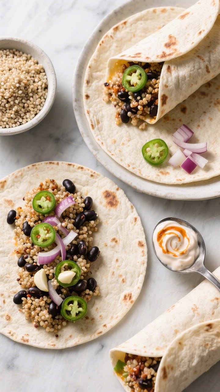 Overhead burrito prep flat lay: black bean and quinoa breakfast burritos being assembled on warm tortillas; fluffy quinoa cooked in vegetable broth, sautéed onion, jalapeño, and garlic folded into black beans; spoonfuls arranged in neat lines with a swirl of chipotle yogurt; a finished burrito sliced to show the hearty filling; ingredients styled around—rinsed quinoa in a small bowl, chipotle-streaked yogurt, diced onion and jalapeño; vibrant, high-contrast lighting, clean modern styling.