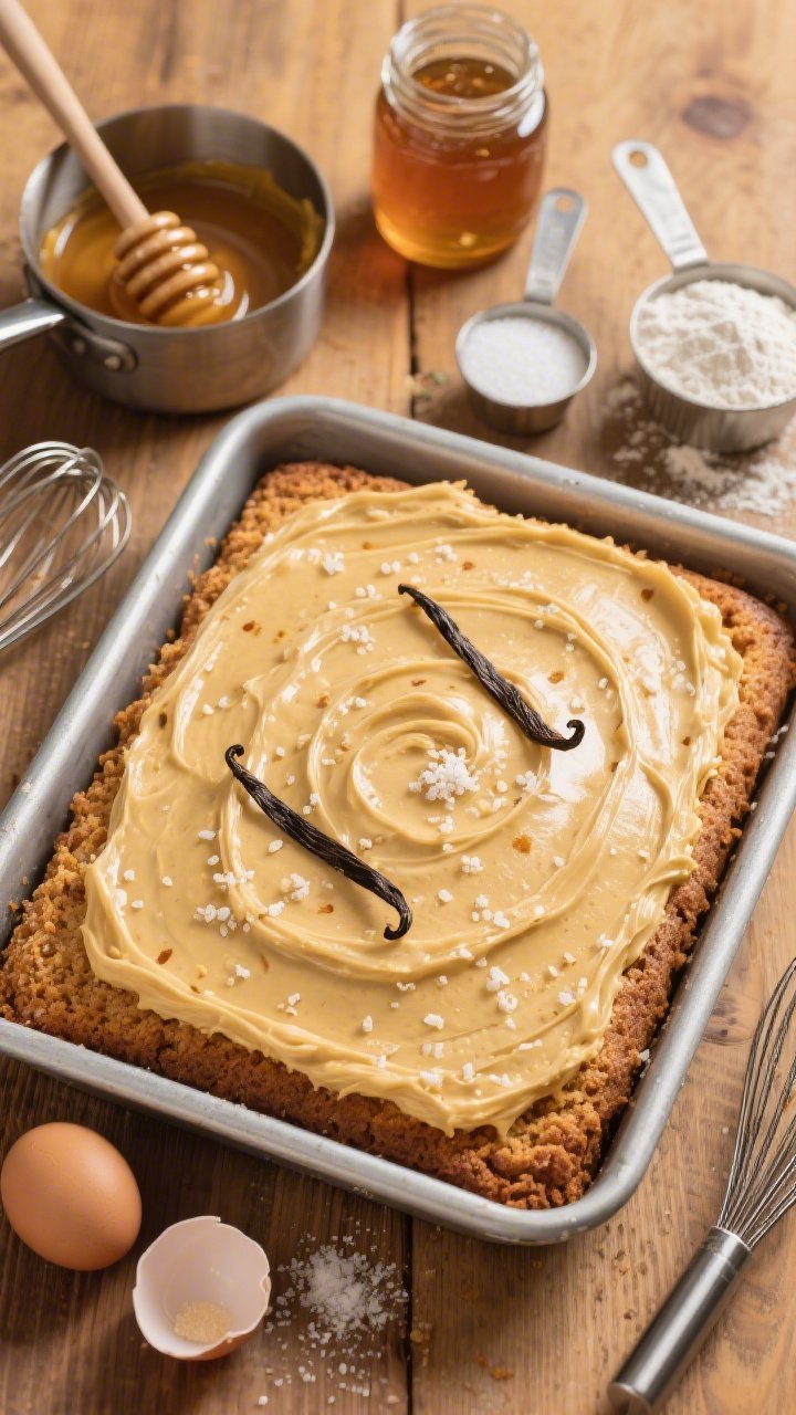 Overhead flat lay of a freshly baked brown butter vanilla sheet cake in a metal pan, golden crumb with a glossy swirl of salted honey frosting spread edge-to-edge; visible browned butter flecks, vanilla bean specks, and flaky sea salt sprinkled on top. Include a small saucepan of nutty brown butter, a jar of honey with a dipper, measuring cups with granulated sugar and all-purpose flour dusting, eggshells, and a whisk on a warm wood surface; soft morning light, minimal props, appetizing sheen on the frosting.