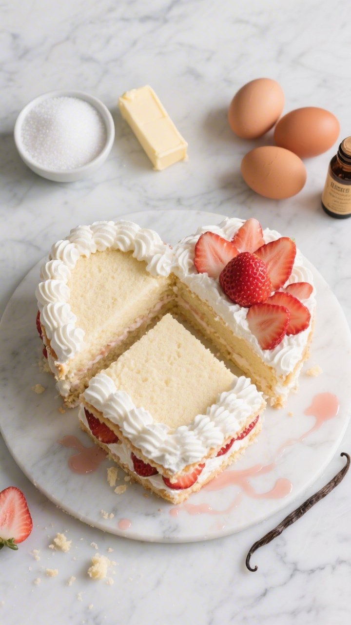 Overhead flat lay of a heart-shaped Strawberry Shortcake Sweetheart being assembled: two pale vanilla cake layers made from cake flour, baking powder, and fine salt, with visible crumb; generous ruffles of whipped cream piped around the edges; glossy sliced fresh strawberries layered between and on top; a small bowl of granulated sugar, a stick of room-temperature unsalted butter, three large eggs, and a bottle of vanilla extract artfully arranged nearby on a cool marble surface; soft, romantic lighting, delicate crumbs and strawberry juice smears for realism, professional styling, no people.