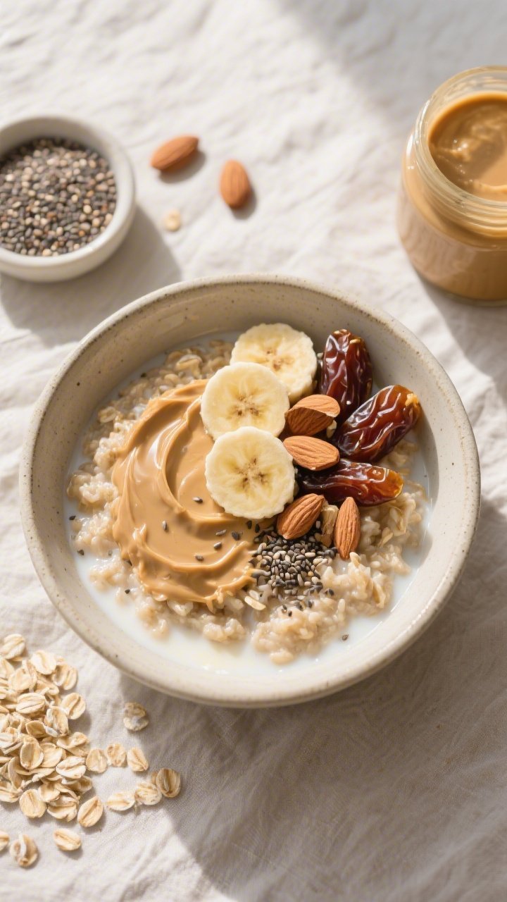 Overhead flat lay of an Oatmeal Almond Butter Power Bowl: creamy rolled oats cooked in milk, topped with a generous swirl of almond butter, sliced banana, chopped Medjool dates, and a sprinkle of chia seeds; drizzle of milk pooling at the edge; neutral ceramic bowl on a light linen with a small dish of chia seeds, a jar of almond butter, and scattered rolled oats for texture; warm morning light, soft shadows, ultra-detailed, appetizing and wholesome.