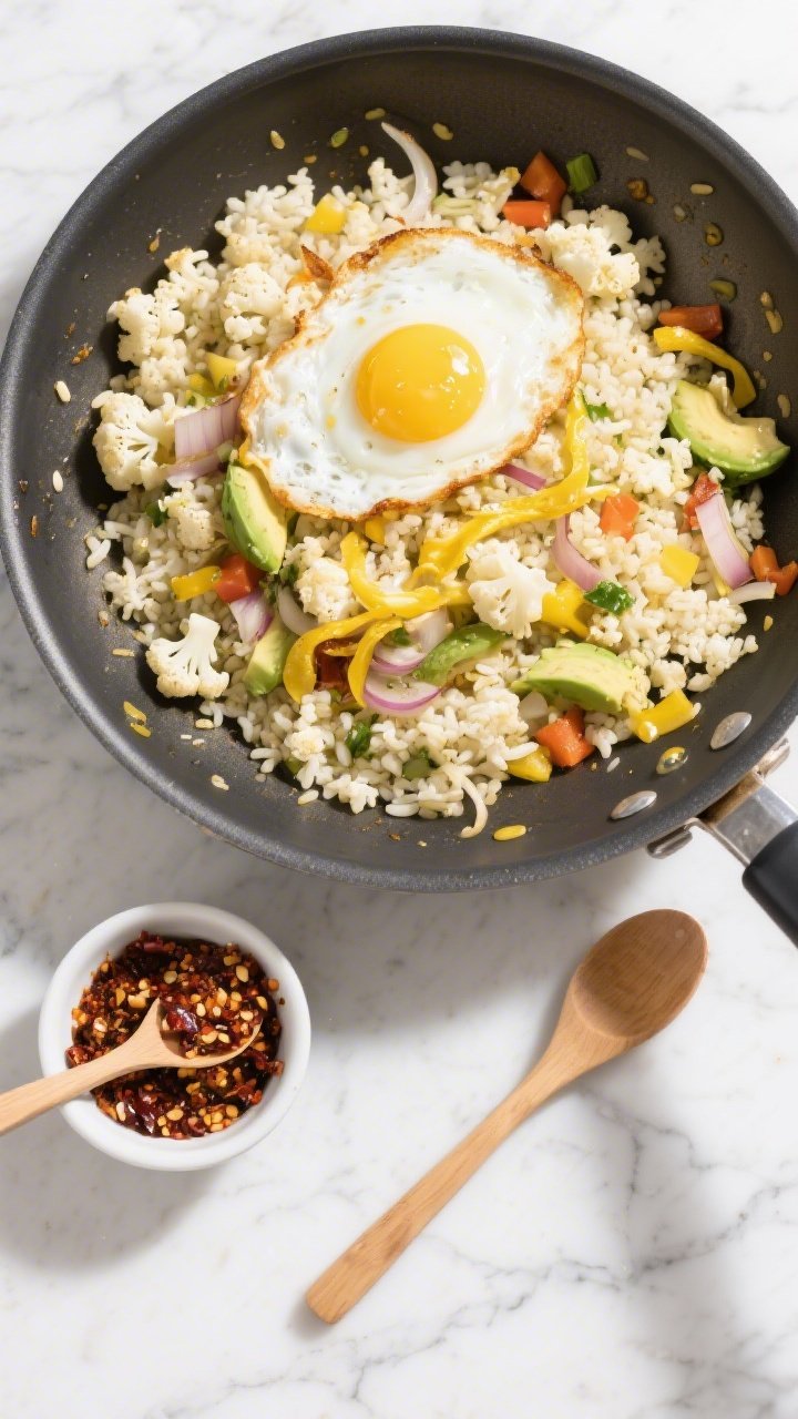 Overhead flat lay of cauliflower fried “rice” mid-cook in a large nonstick pan: riced cauliflower grains separating and lightly caramelizing, ribbons of just-set crispy egg folded through, diced yellow onion and mixed low-carb vegetables adding pops of color; avocado oil droplets catching the light; a small ramekin of chili crunch on the side ready to spoon over; bright, clean styling on a white quartz counter with a wooden spoon and minimal props.