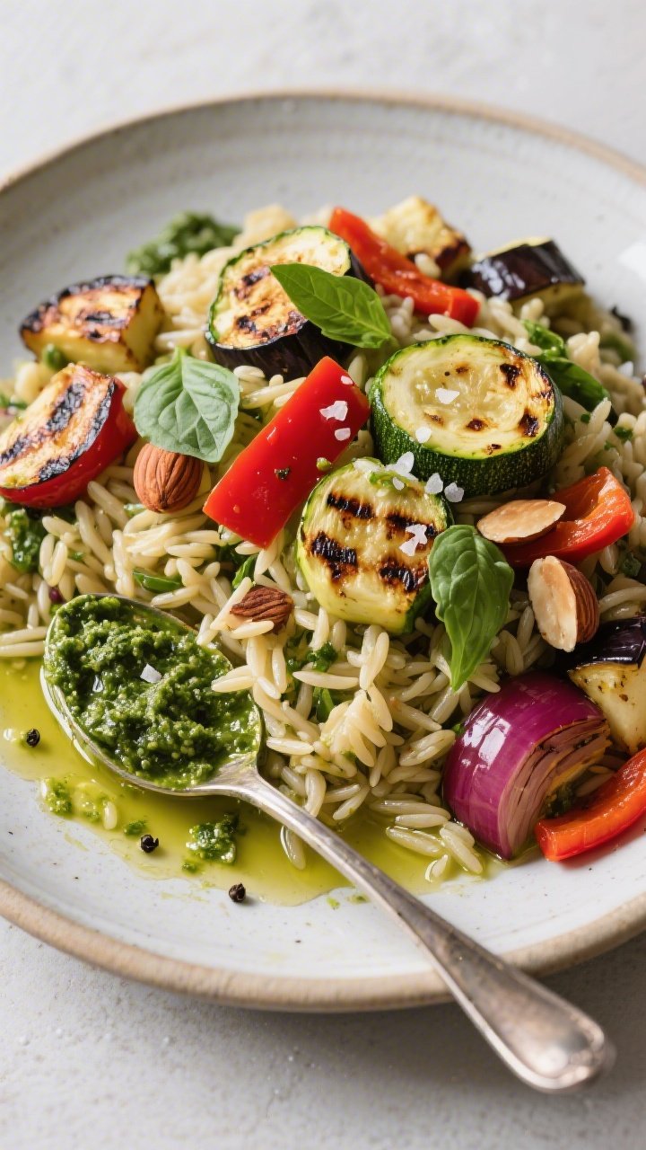 Overhead flat lay of charred vegetable orzo toss: glossy orzo piled with deeply charred zucchini half-moons, scarlet strips of red bell pepper, seared dice of eggplant, and roasted red onion wedges; spoonfuls of basil pesto folded through, finished with toasted almonds and torn basil leaves; flakes of sea salt and black pepper visible, olive oil glistening, served in a wide shallow ceramic platter, clean modern styling with bright green pesto pops against charred edges.