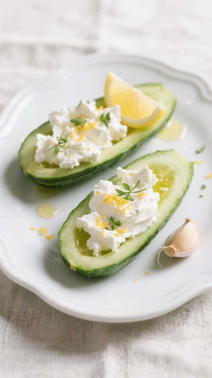 Overhead flat lay of creamy whipped feta cucumber boats: halved English cucumber, seeds scooped to form channels filled with a smooth blend of crumbled feta and cream cheese, whipped with extra-virgin olive oil, lemon zest, and lemon juice; tiny drizzle of olive oil on top, sprinkle of lemon zest and micro herbs; a smashed garlic clove off to the side to hint at flavor; crisp, cool palette of greens and whites on a white ceramic platter over linen, bright natural light for crunchy freshness.