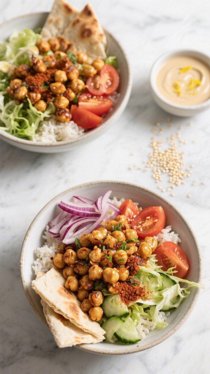 Overhead flat lay of Crispy Chickpea Shawarma Bowls: sheet-pan roasted chickpeas glistening with olive oil, cumin, smoked paprika, coriander, garlic and onion powders, piled over fluffy rice with ribbons of shredded lettuce, sliced cucumbers, cherry tomatoes, quick-pickled red onions, and warm pita wedges. A small bowl of pale lemon-tahini drizzle with visible zest sits to the side, sesame seeds scattered, warm golden tones, crisp textures, clean ceramic bowls on a light marble surface, professional studio lighting.
